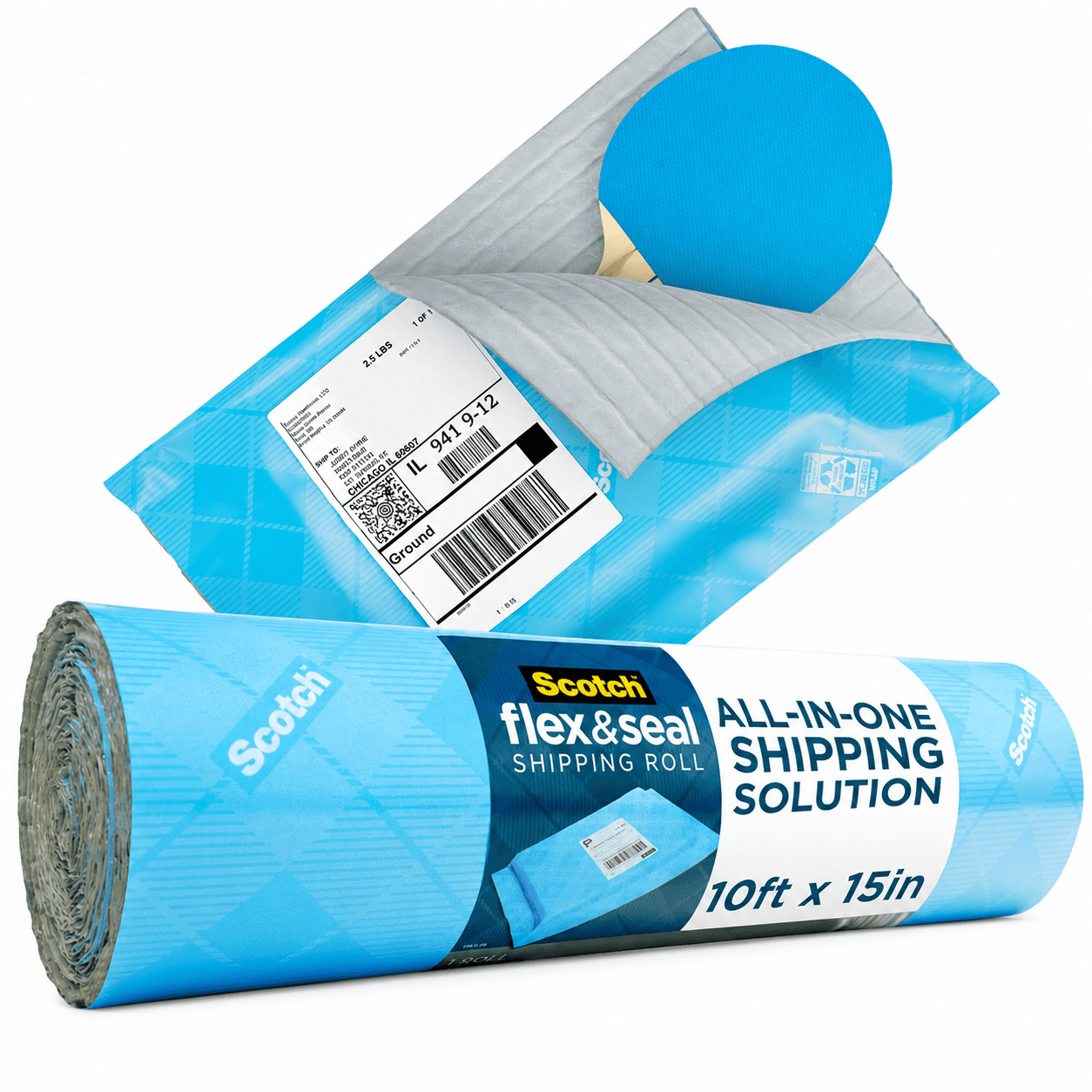A roll of blue Scotch Flex and Seal beside a finished parcel carrying a shipping label, its grey inner face folded around a table tennis bat.