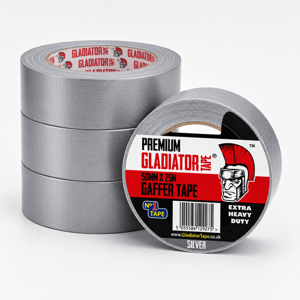 Four rolls of silver Gladiator gaffer tape, three stacked plain and one leaning forward showing its label: premium, 50mm x 25m, extra heavy duty, silver.