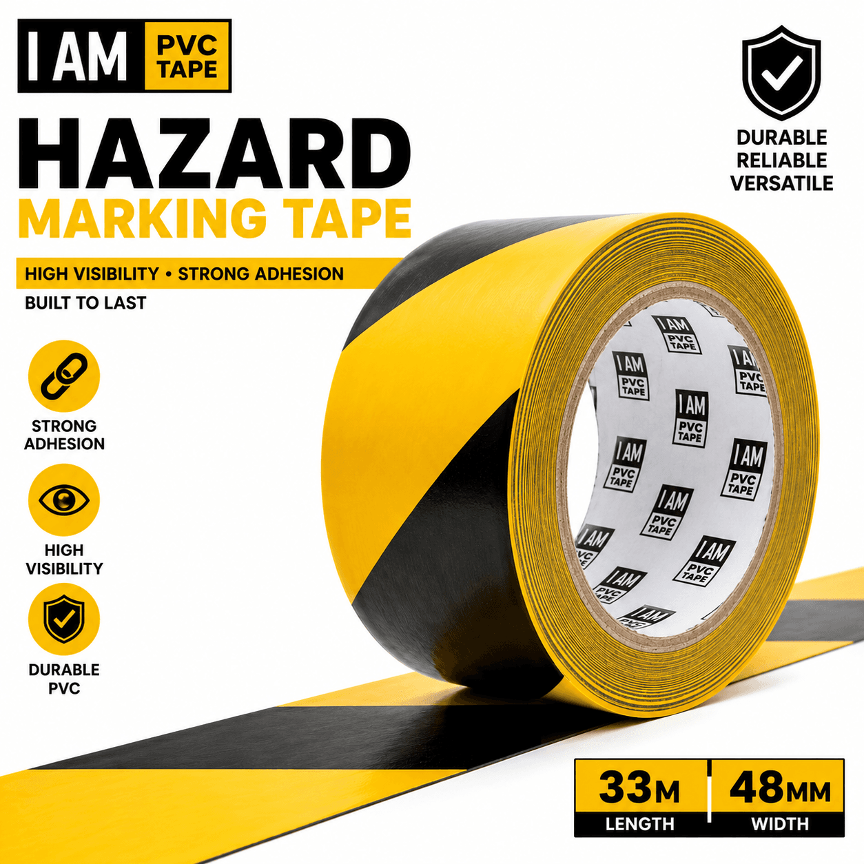 A roll of black and yellow striped hazard tape with a length running out of frame, beside icons reading strong adhesion, high visibility and durable PVC, and the size 33m by 48mm.