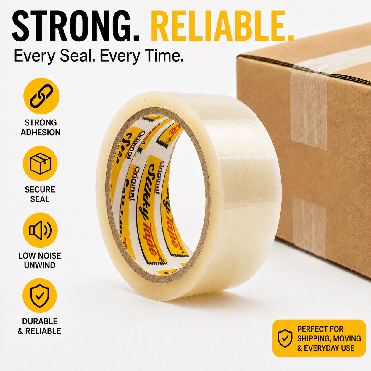 A roll of clear packaging tape standing beside a sealed cardboard box, with icons reading strong adhesion, secure seal, low noise unwind and durable and reliable.