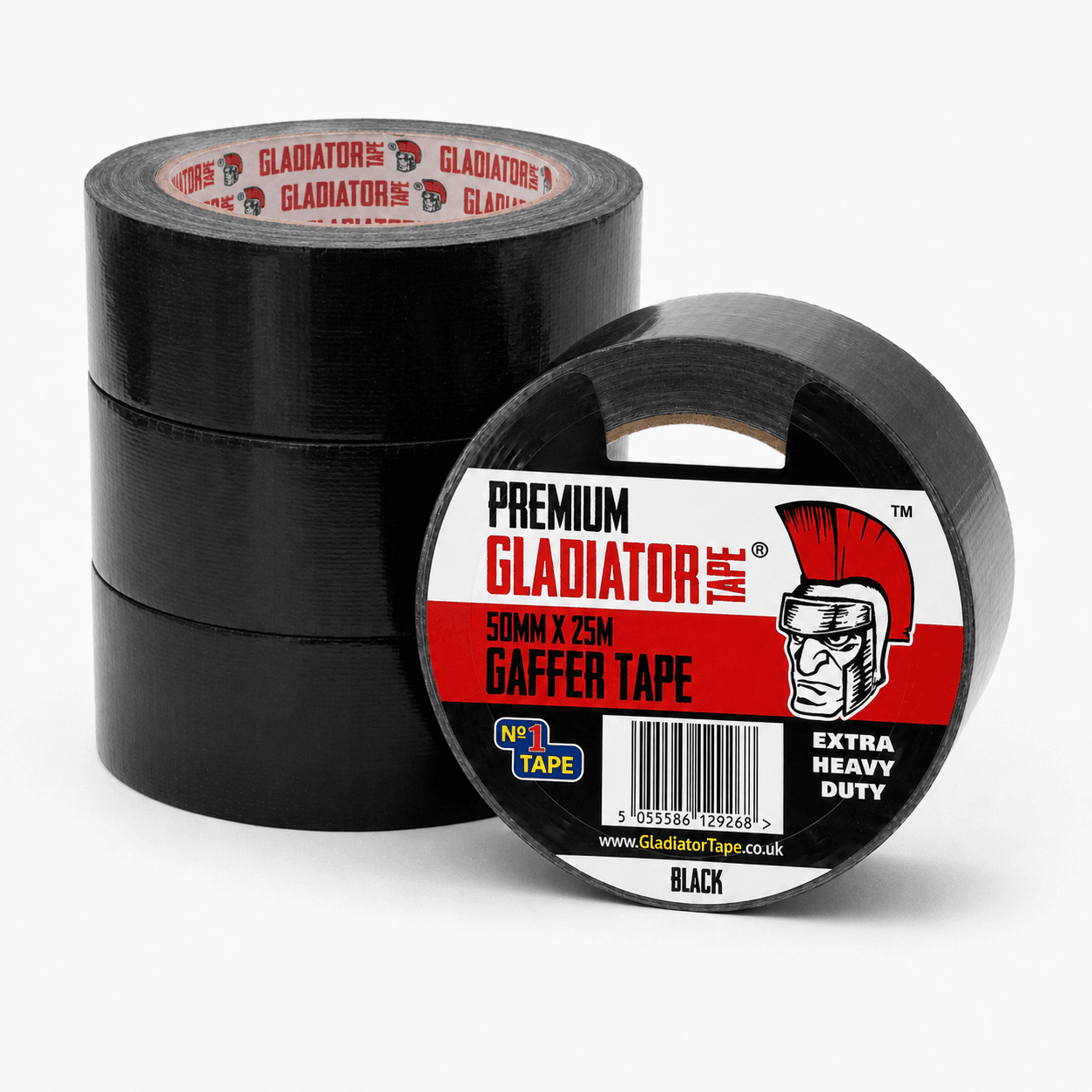 Four rolls of black Gladiator gaffer tape, three stacked plain and one leaning forward showing its label: premium, 50mm x 25m, extra heavy duty, black.