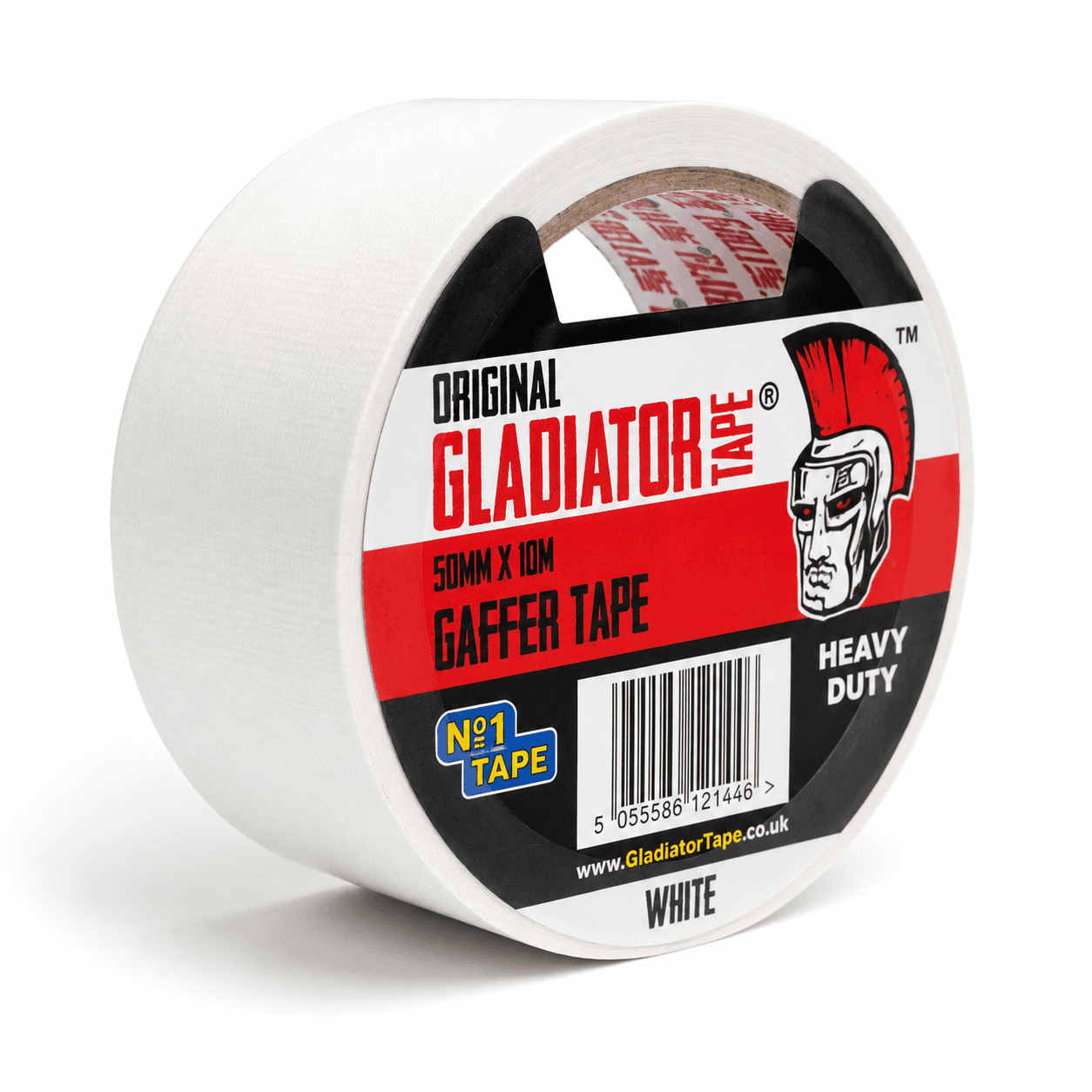 A retail labelled roll of white Gladiator gaffer tape, the wrap printed 50mm x 10m, heavy duty, white, with a barcode.