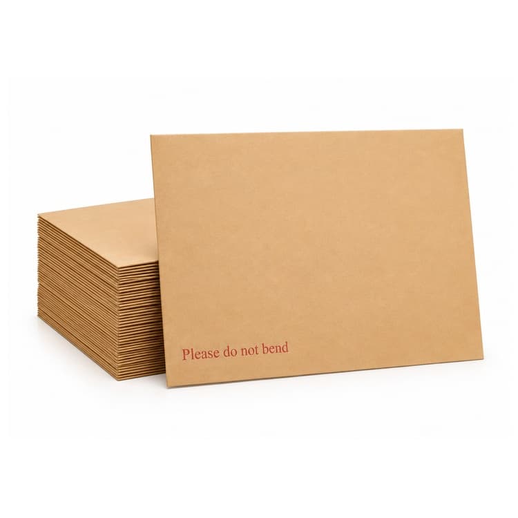 A stack of C4 hardbacked manilla envelopes with one stood upright in front, its face printed "Please do not bend" in red.